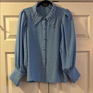 By Blue Embellished Blouse with Romantic Puff Pleated Sleeves & notched collar